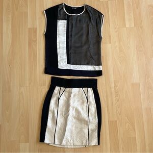 Black & cream colorblock Two Piece Skirt Set, Sheer sleeveless top pencil skirt